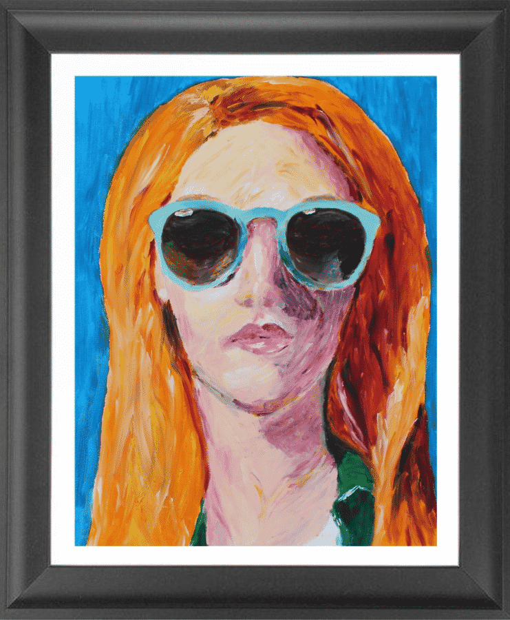 A painting of a red-haired girl wearing sunglasses on a blue background