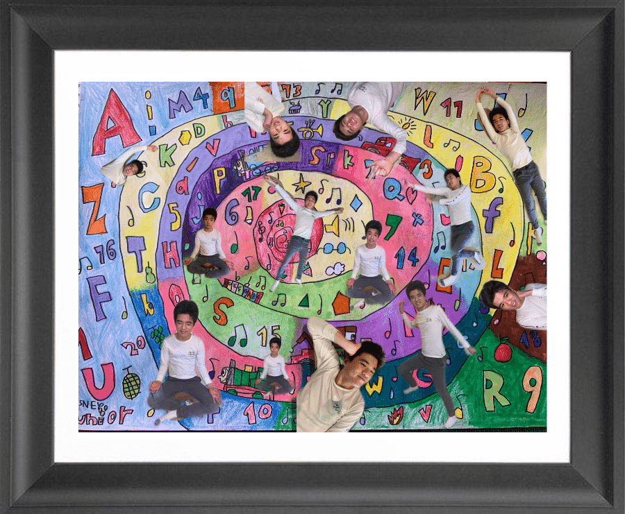 A boy making various fun and happy poses against a spiralling background of colourful letters and numbers